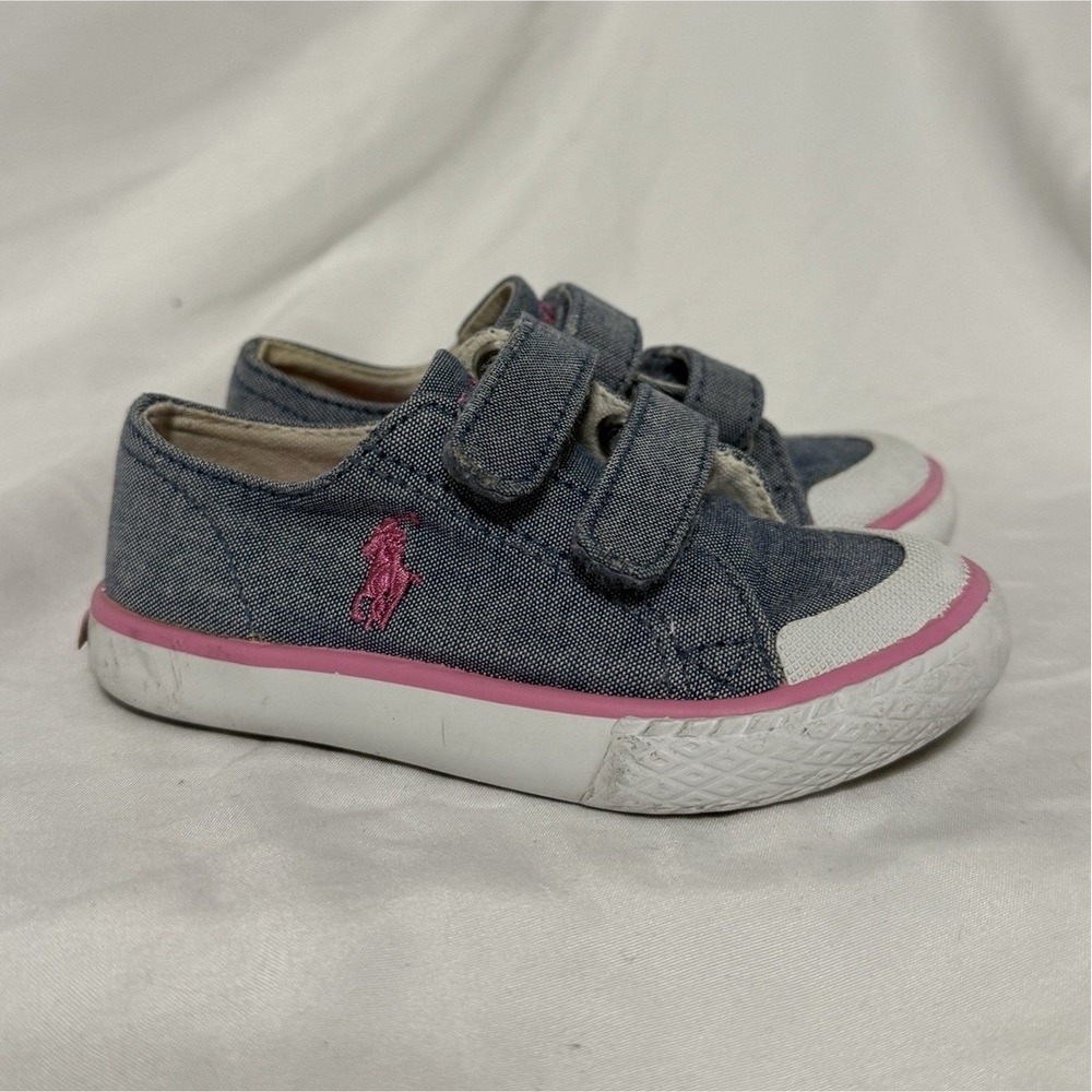 POLO RALPH LAUREN Girls' Canvas Sneakers Blue Pink Hook & Loop Low Top Size